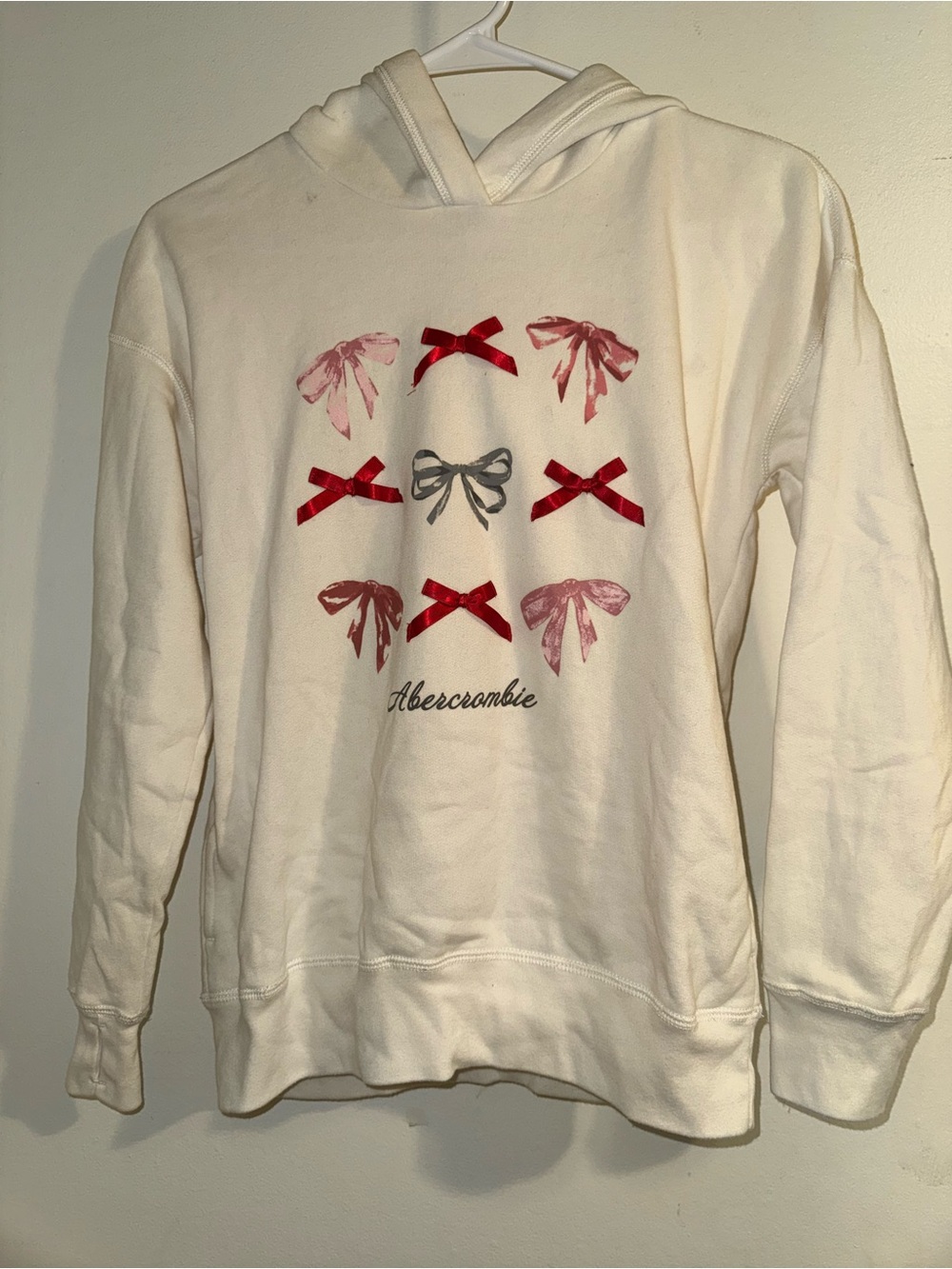 Girls Abercrombie Kids White Crewneck Hoodie with Red, Pink & Gray Bows